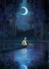 Kid and Deer Under Moonlight