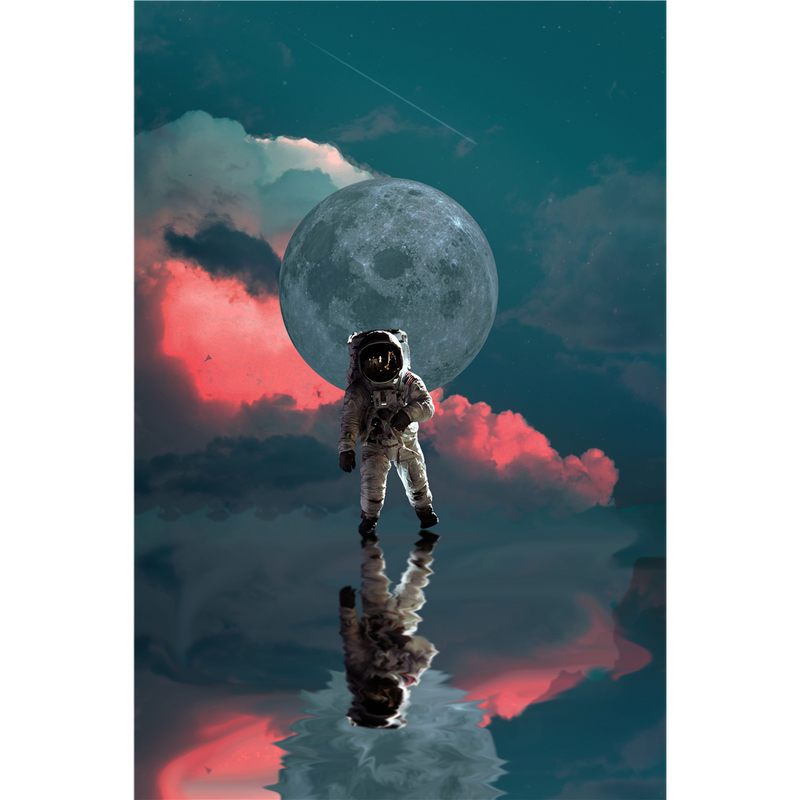Lone Astronaut Stands in front of Grey Moon